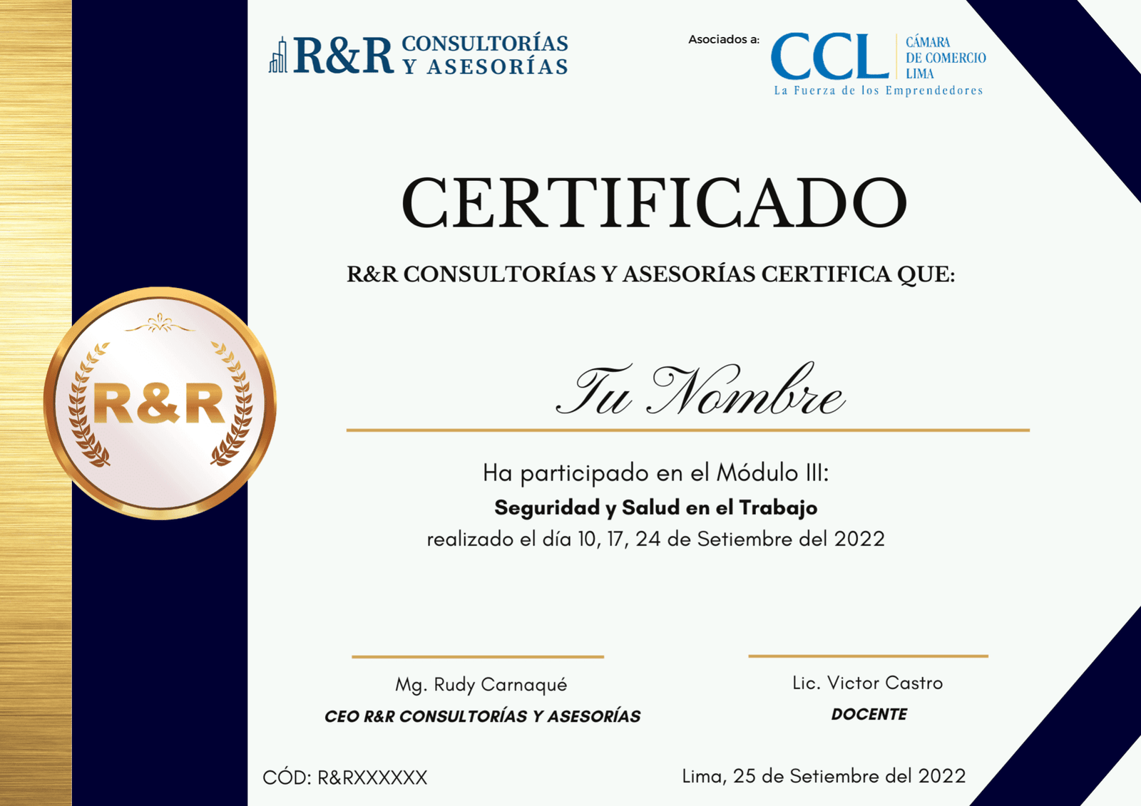 Modelo referencial de certificado de R&R Consultorías y Asesorías